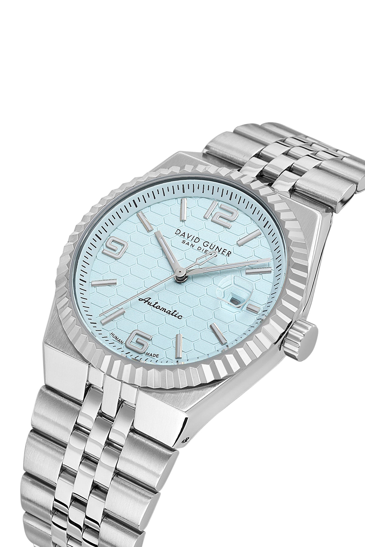 David Guner 9114GA-A15 men's automatic watch with light blue dial, silver-tone case and stainless steel bracelet – angled view