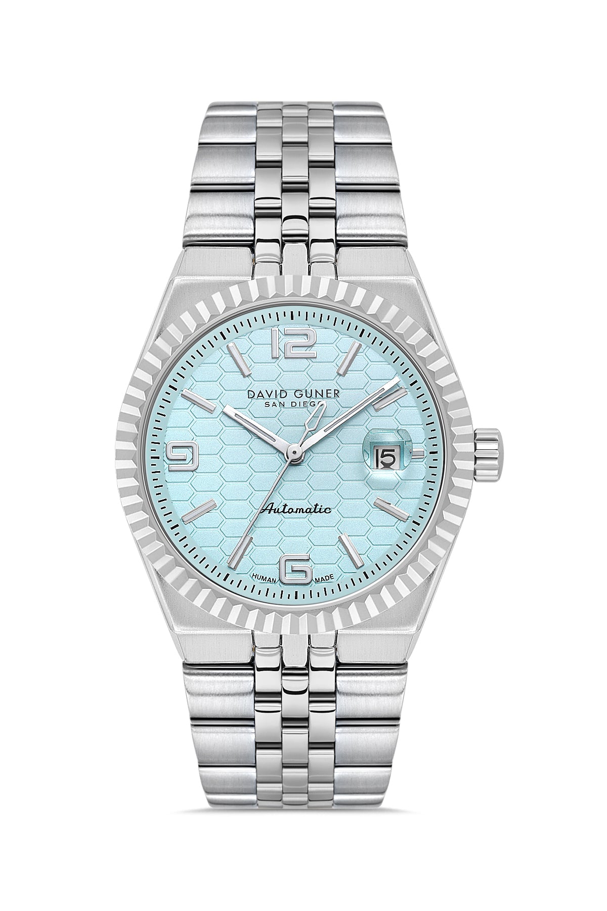 David Guner 9114GA-A15 men's automatic watch with light blue dial, silver-tone case and stainless steel bracelet – front view