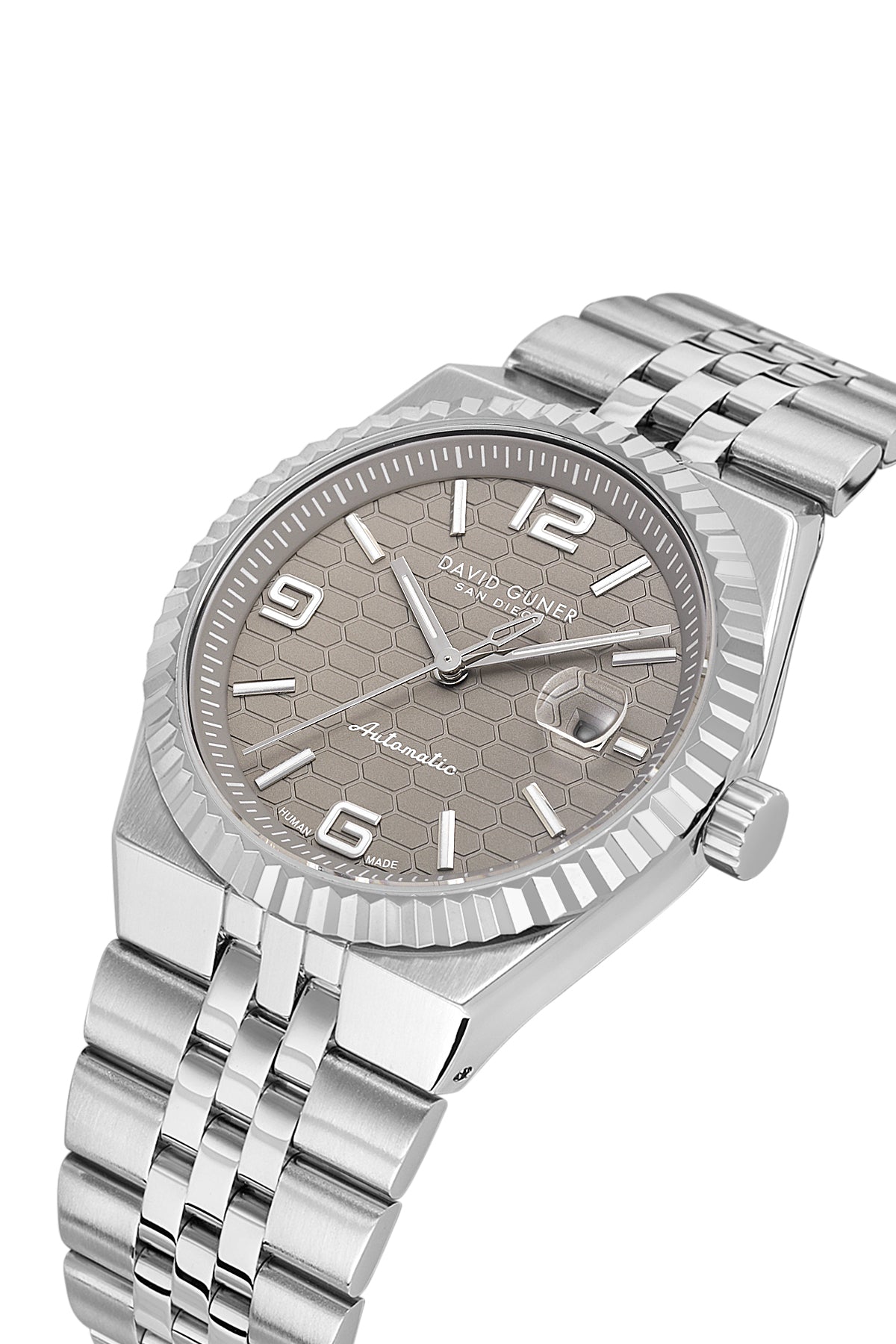 David Guner 9114GA-A9 men's automatic watch with gray dial, silver-tone case and stainless steel bracelet – angled view