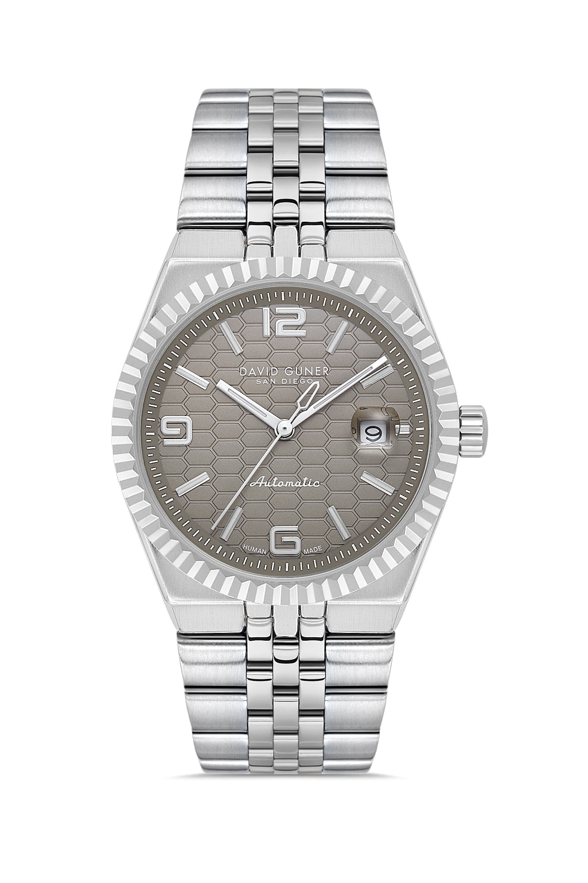 David Guner 9114GA-A9 men's automatic watch with gray dial, silver-tone case and stainless steel bracelet – front view