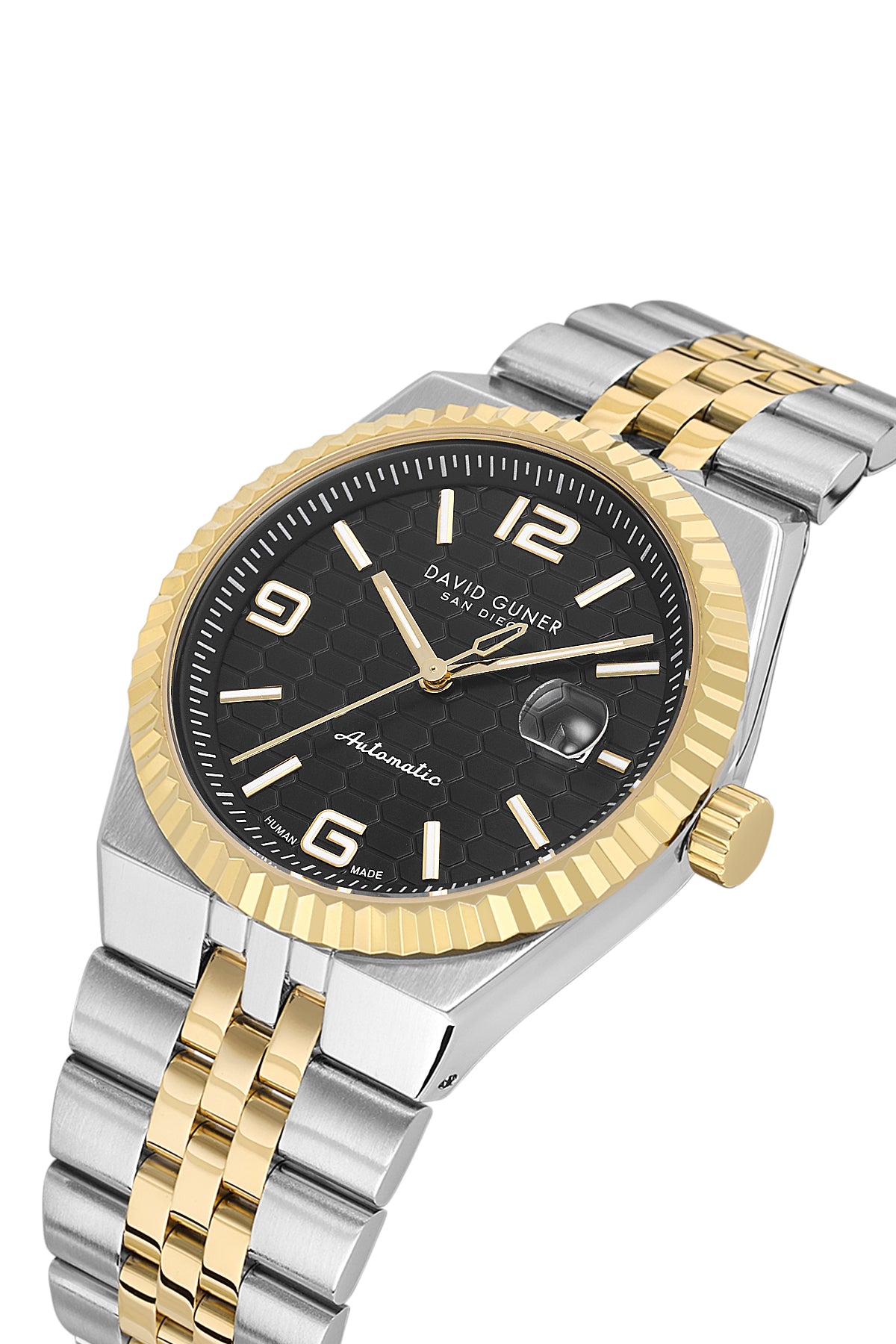 David Guner 9114GA-D2 men's automatic watch with black dial, two-tone case and stainless steel bracelet – angled view
