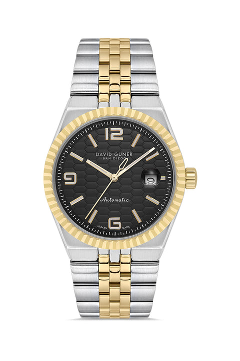 David Guner 9114GA-D2 men's automatic watch with black dial, two-tone case and stainless steel bracelet – front view