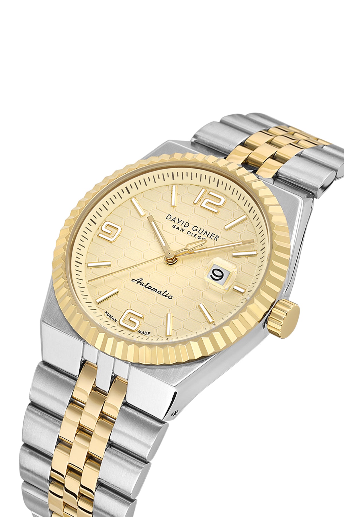 David Guner 9114GA-D4 men's automatic watch with gold dial, two-tone case and stainless steel bracelet – angled view