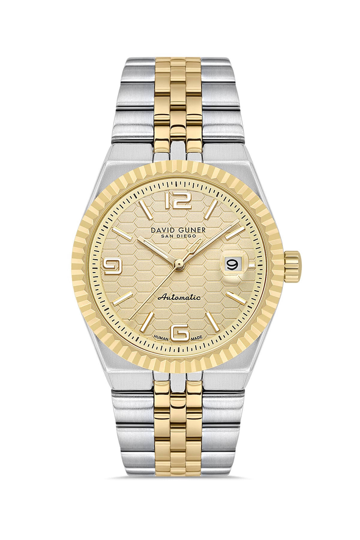 David Guner 9114GA-D4 men's automatic watch with gold dial, two-tone case and stainless steel bracelet – front view