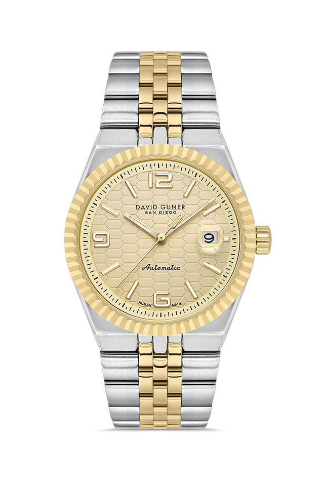 David Guner 9114GA-D4 men's automatic watch with gold dial, two-tone case and stainless steel bracelet – front view