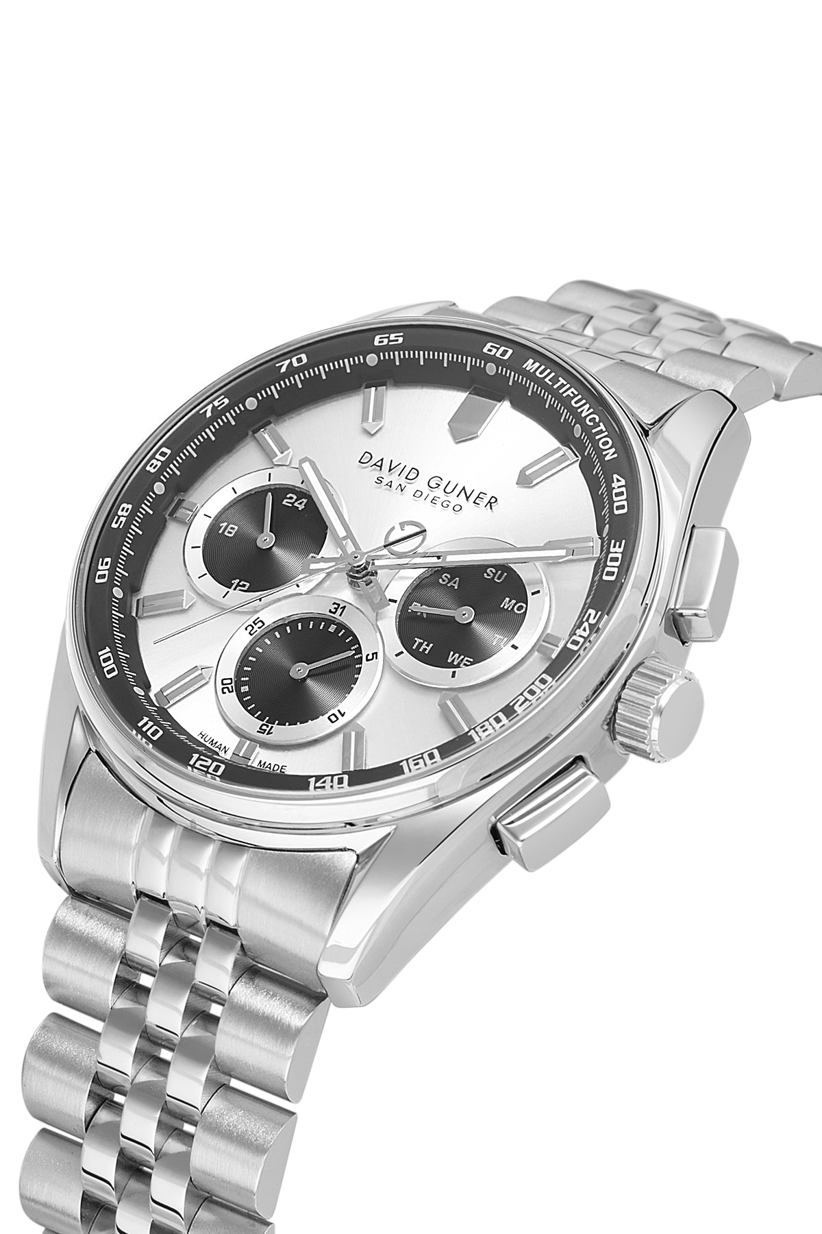 David Guner 9119GA-A1 men's watch with silver dial, silver-tone case and stainless steel bracelet – angled view