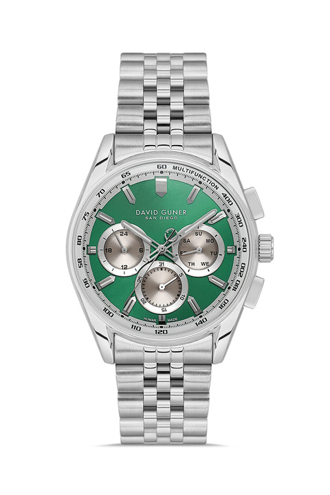 David Guner 9119GA-A10 men's watch with green dial, silver-tone case and stainless steel bracelet – front view