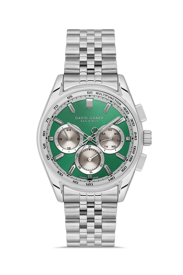 David Guner 9119GA-A10 men's watch with green dial, silver-tone case and stainless steel bracelet – front view