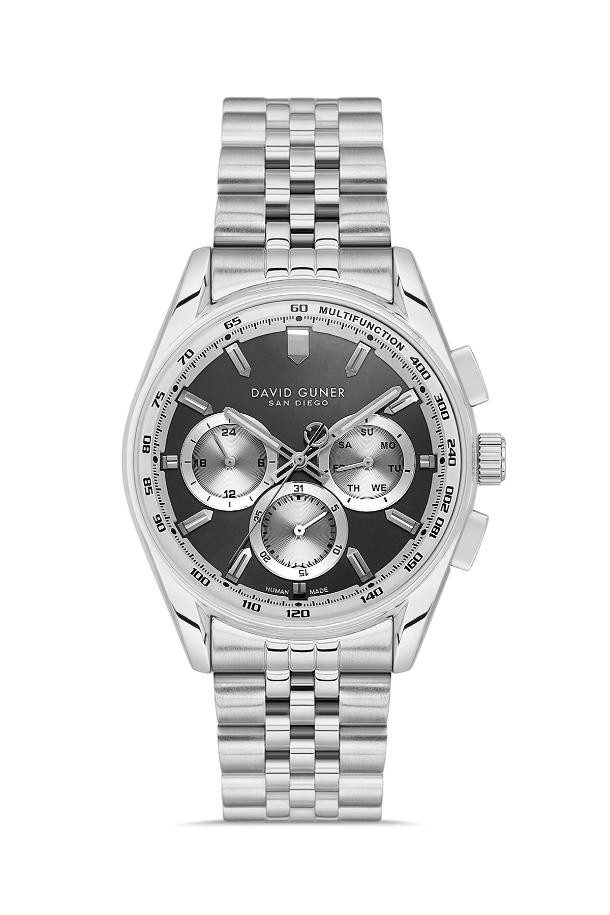 David Guner 9119GA-A2 men's watch with black dial, silver-tone case and stainless steel bracelet – front view