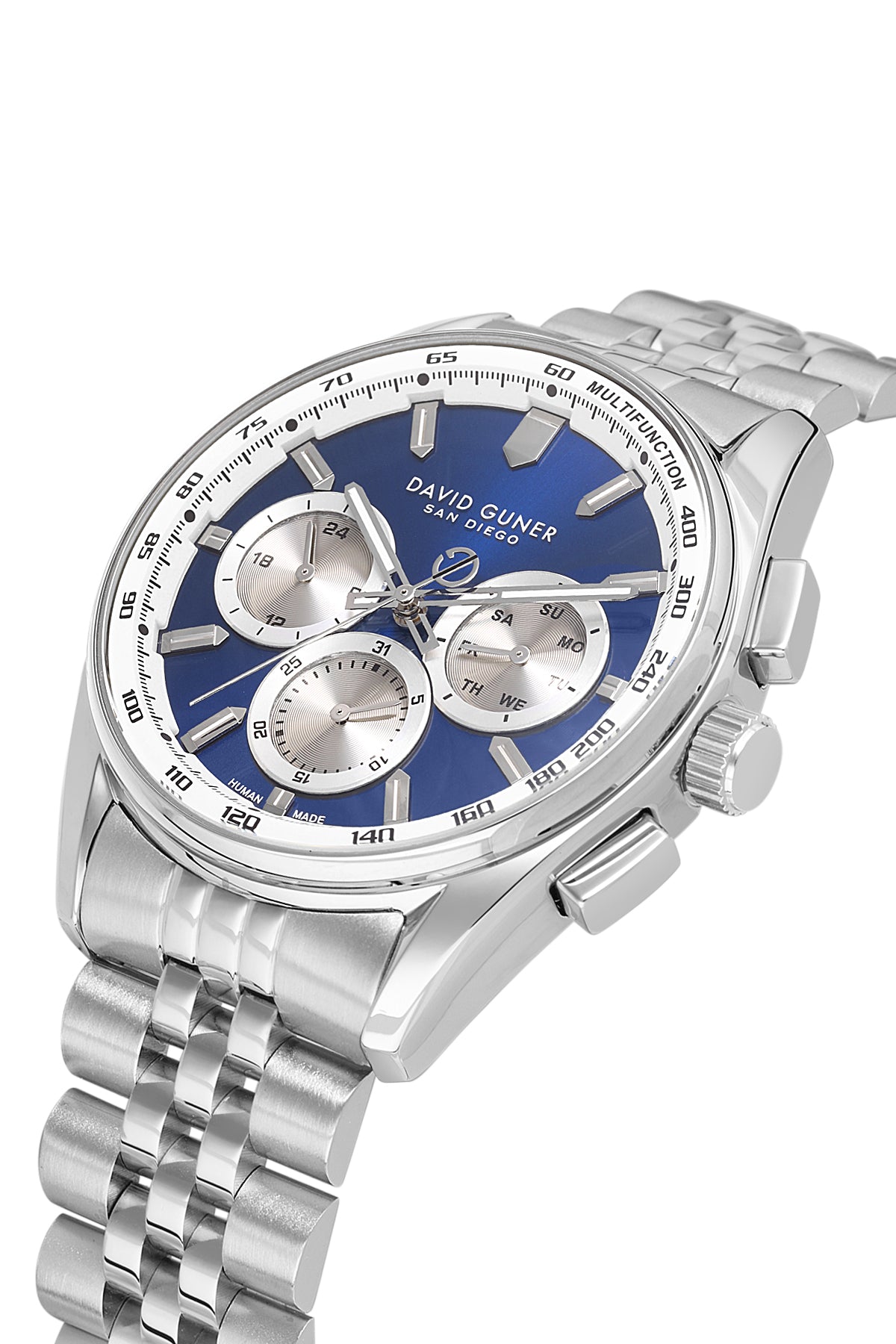David Guner 9119GA-A3 men's watch with blue dial, silver-tone case and stainless steel bracelet – angled view