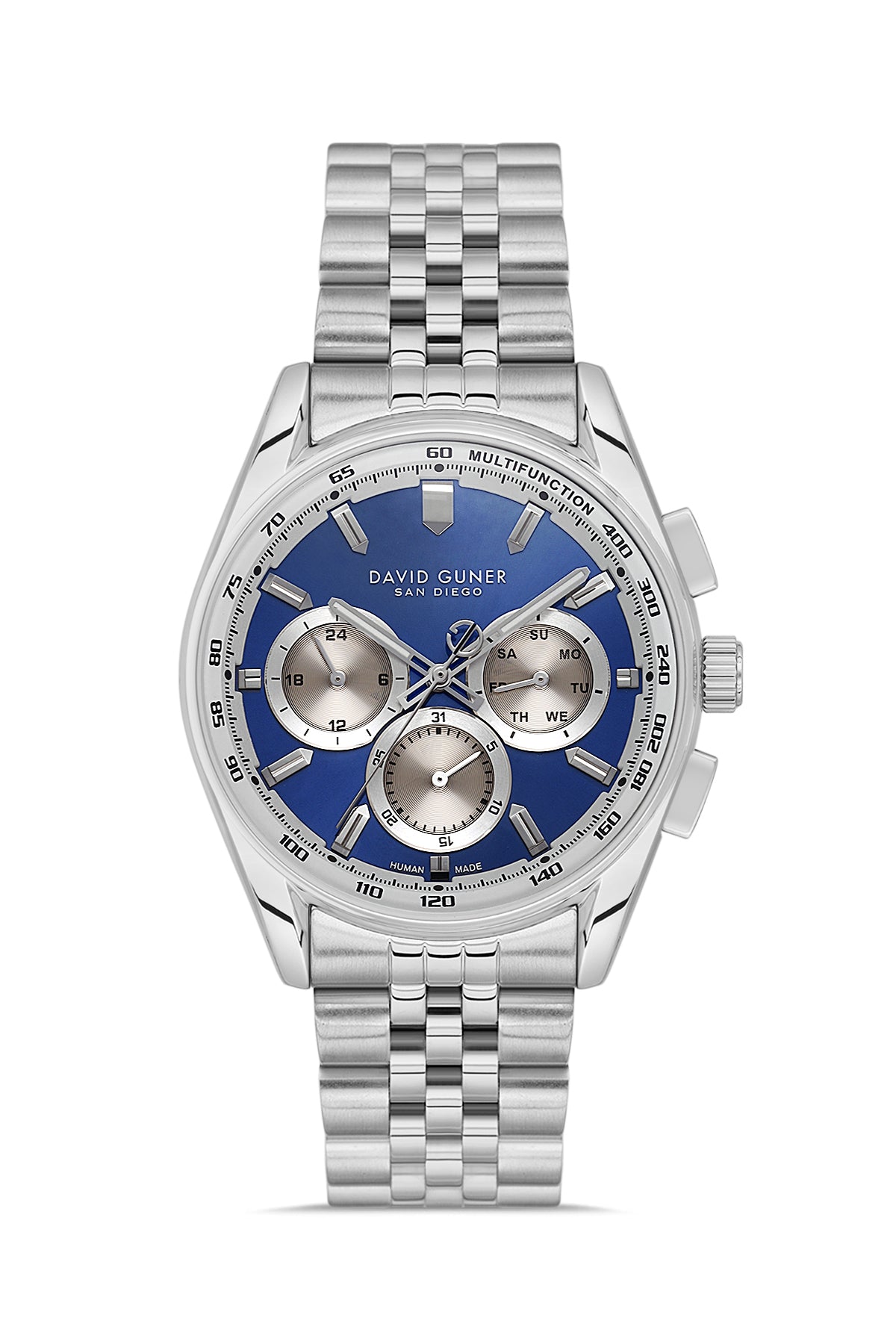 David Guner 9119GA-A3 men's watch with blue dial, silver-tone case and stainless steel bracelet – front view