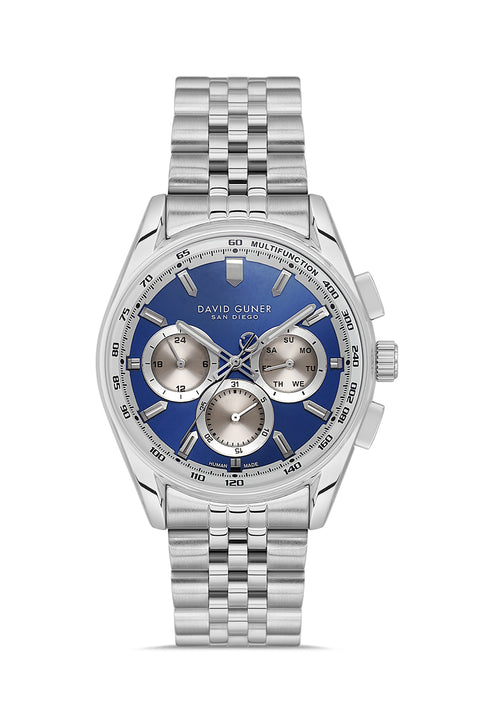 David Guner 9119GA-A3 men's watch with blue dial, silver-tone case and stainless steel bracelet – front view