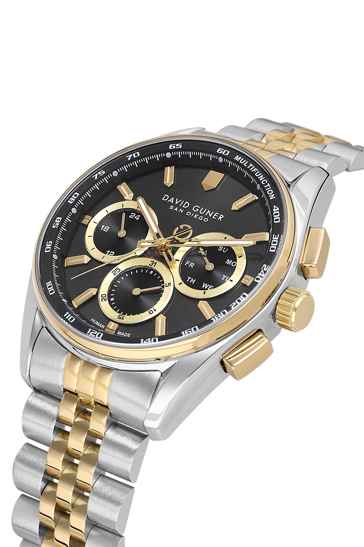 David Guner 9119GA-D2 men's watch with black dial, two-tone case and stainless steel bracelet – angled view