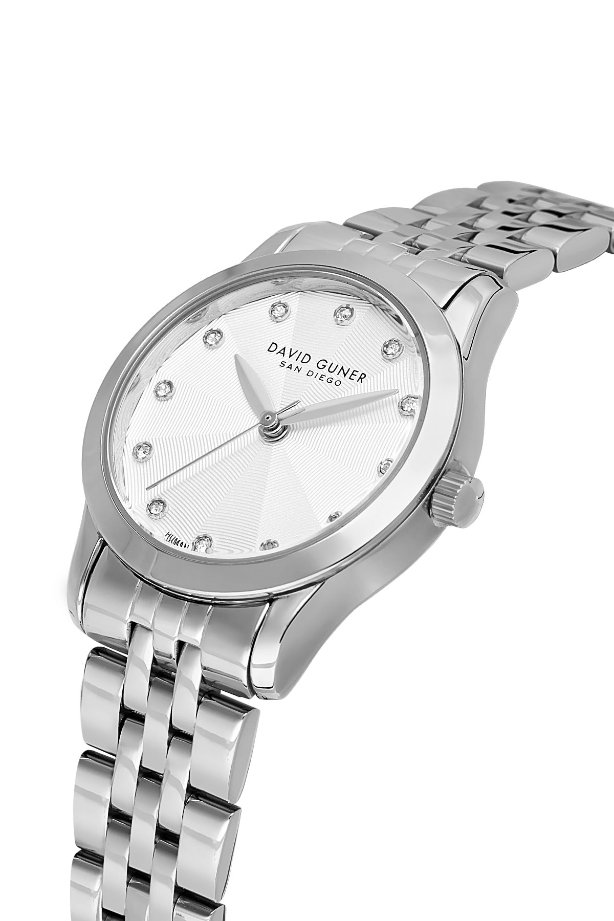 David Guner 9124LA-A1 women's watch with silver dial, silver-tone case and stainless steel bracelet – angled view