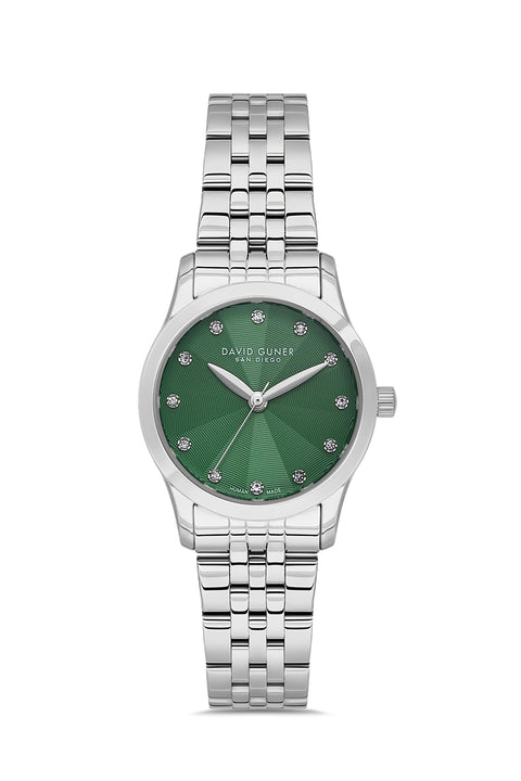 David Guner 9124LA-A10 women's watch with green dial, silver-tone case and stainless steel bracelet – front view