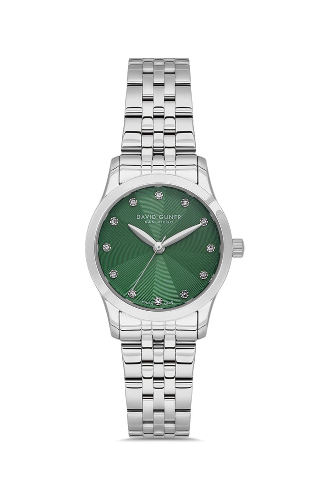 David Guner 9124LA-A10 women's watch with green dial, silver-tone case and stainless steel bracelet – front view