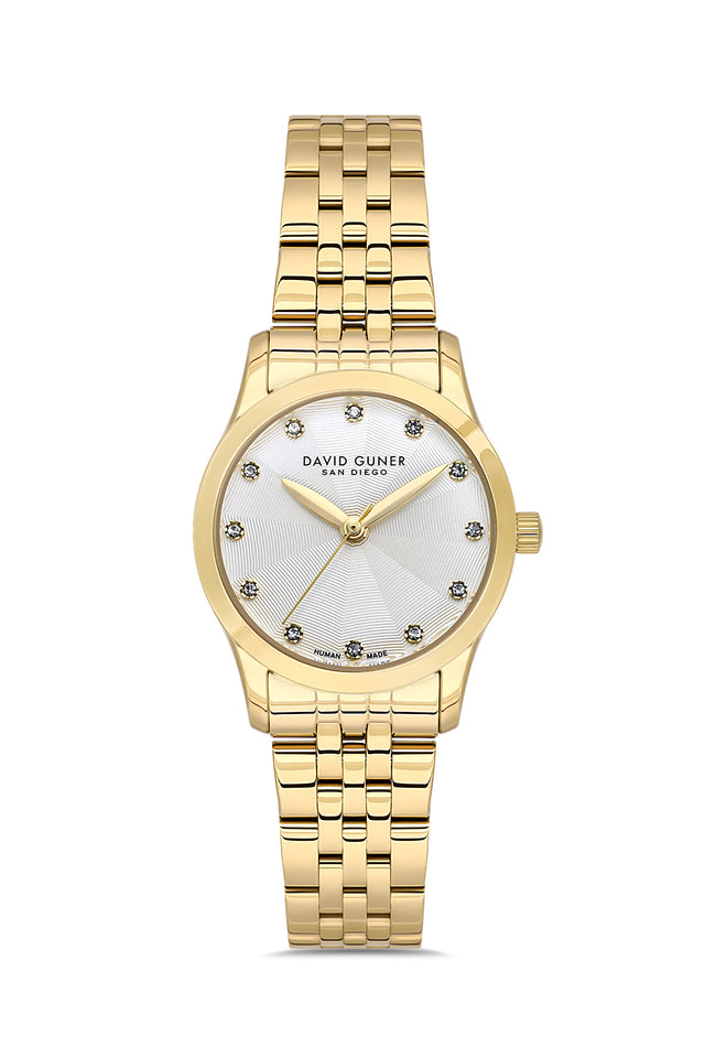 David Guner 9124LA-B1 women's watch with silver dial, gold-tone case and stainless steel bracelet – front view