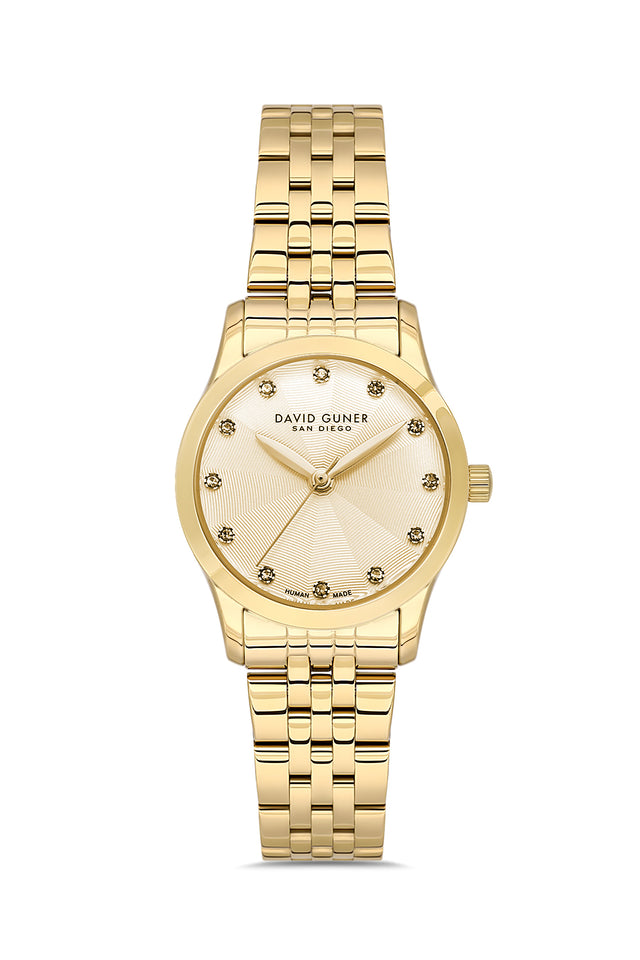 David Guner 9124LA-B4 women's watch with gold dial, gold-tone case and stainless steel bracelet – front view