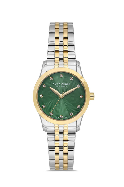 David Guner 9124LA-D10 women's watch with green dial, two-tone case and stainless steel bracelet – front view