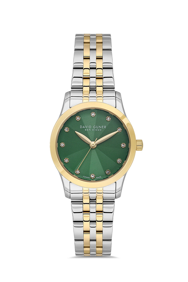 David Guner 9124LA-D10 women's watch with green dial, two-tone case and stainless steel bracelet – front view