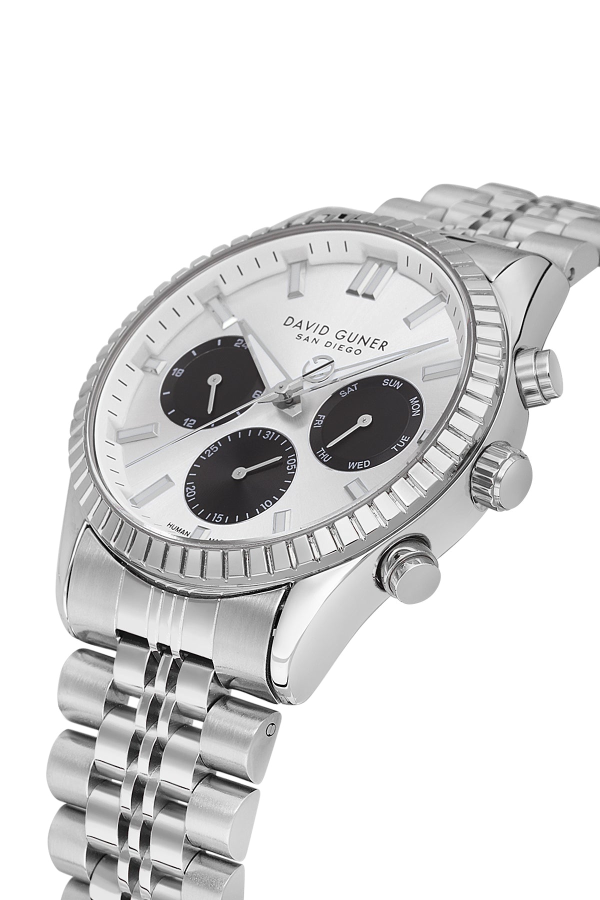 David Guner 9128GA-A1 men's watch with silver dial, silver-tone case and stainless steel bracelet – angled view