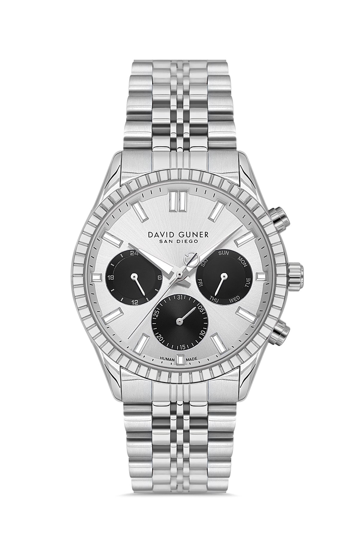 David Guner 9128GA-A1 men's watch with silver dial, silver-tone case and stainless steel bracelet – front view