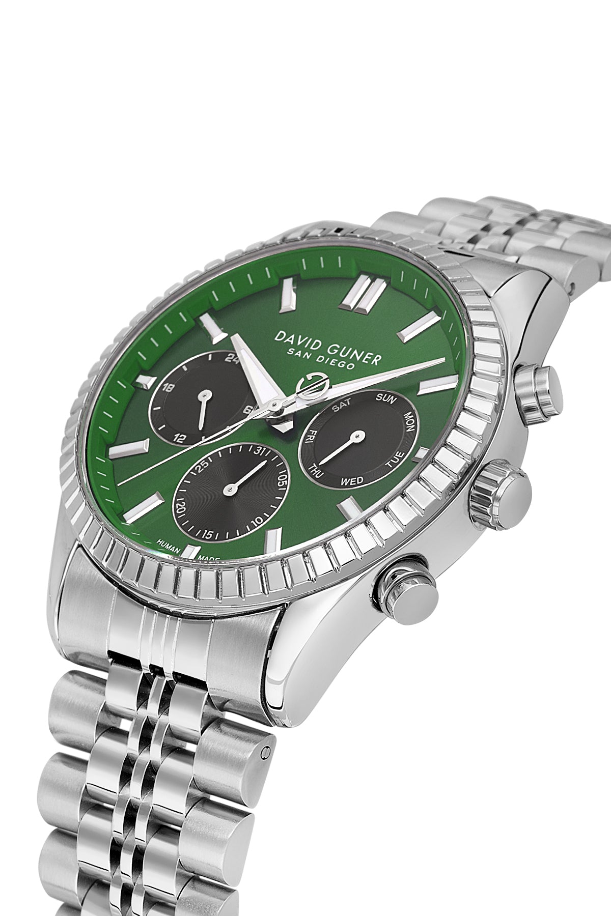 David Guner 9128GA-A10 men's watch with green dial, silver-tone case and stainless steel bracelet – angled view