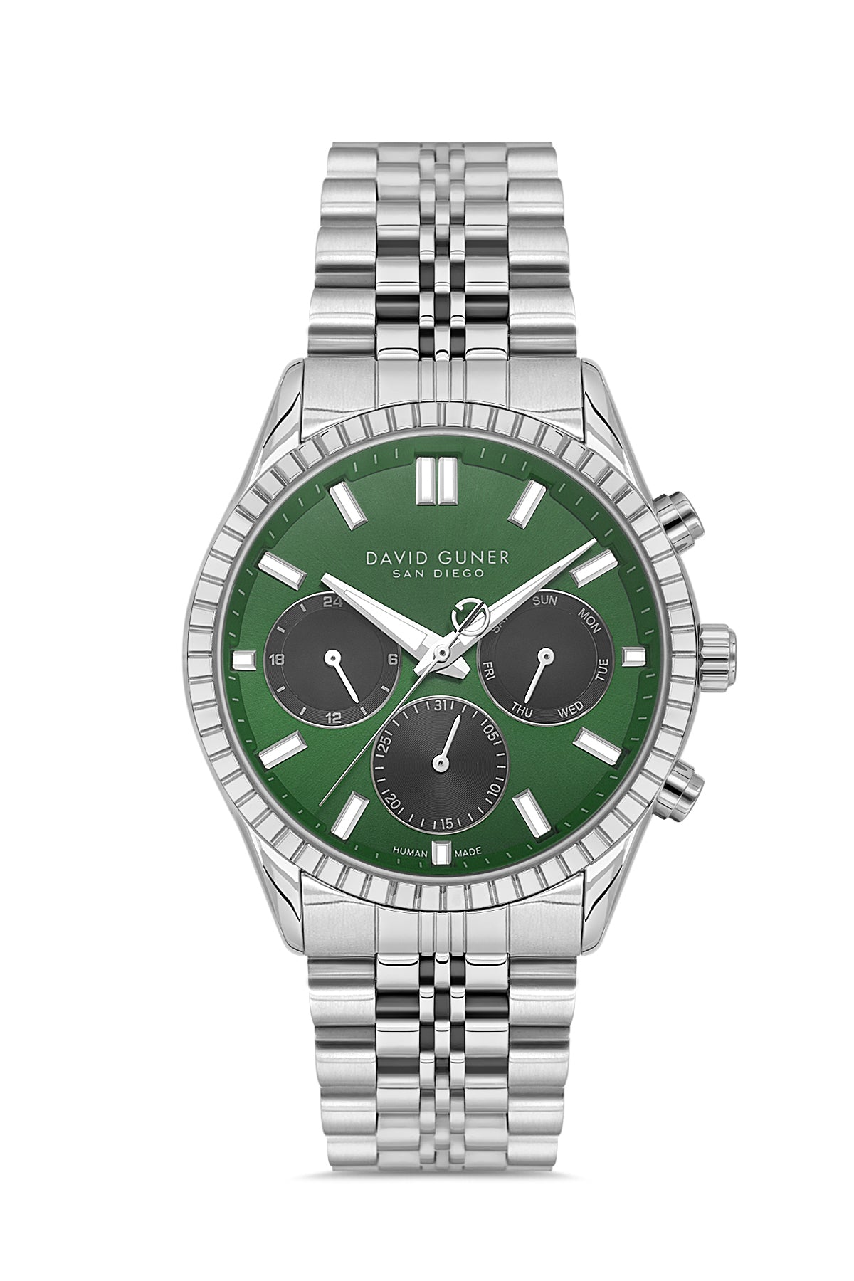 David Guner 9128GA-A10 men's watch with green dial, silver-tone case and stainless steel bracelet – front view