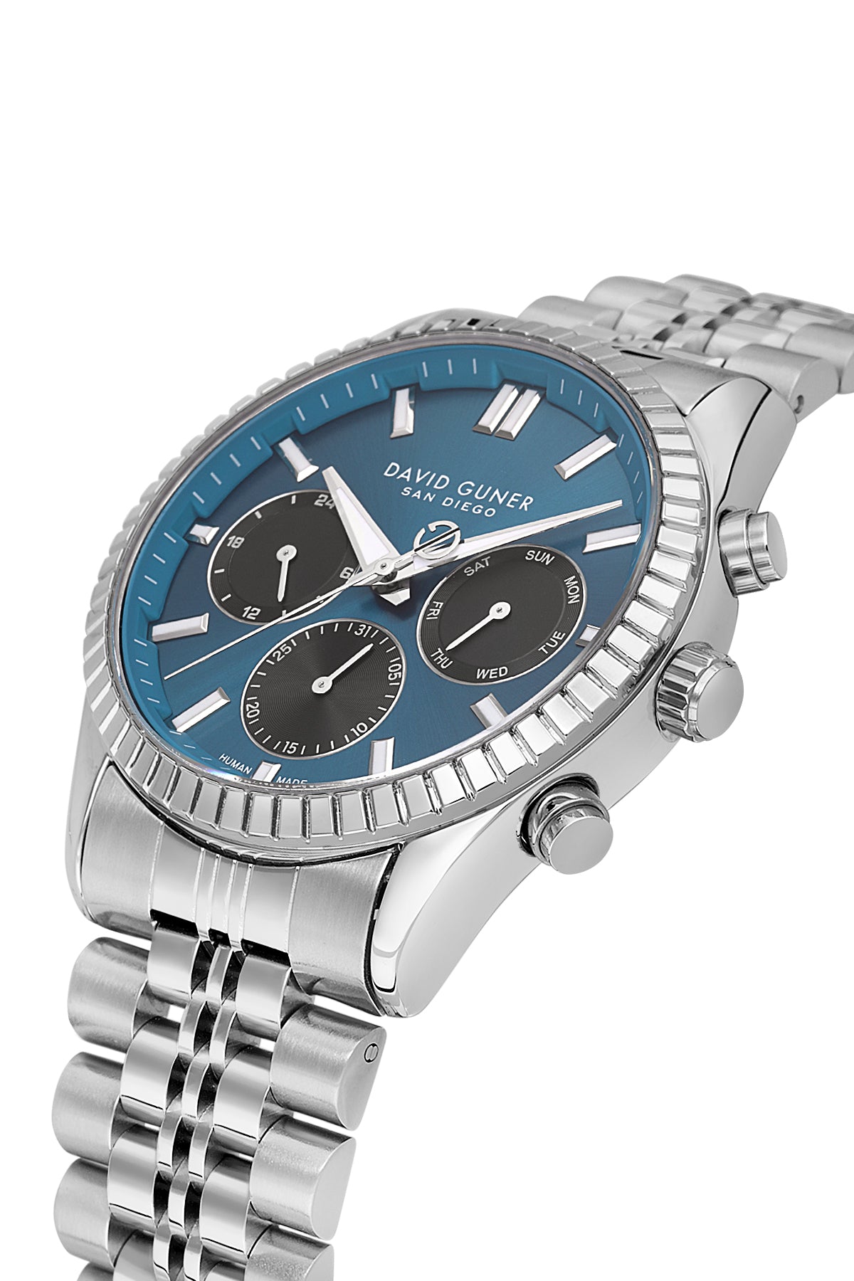 David Guner 9128GA-A16 men's watch with blue dial, silver-tone case and stainless steel bracelet – angled view