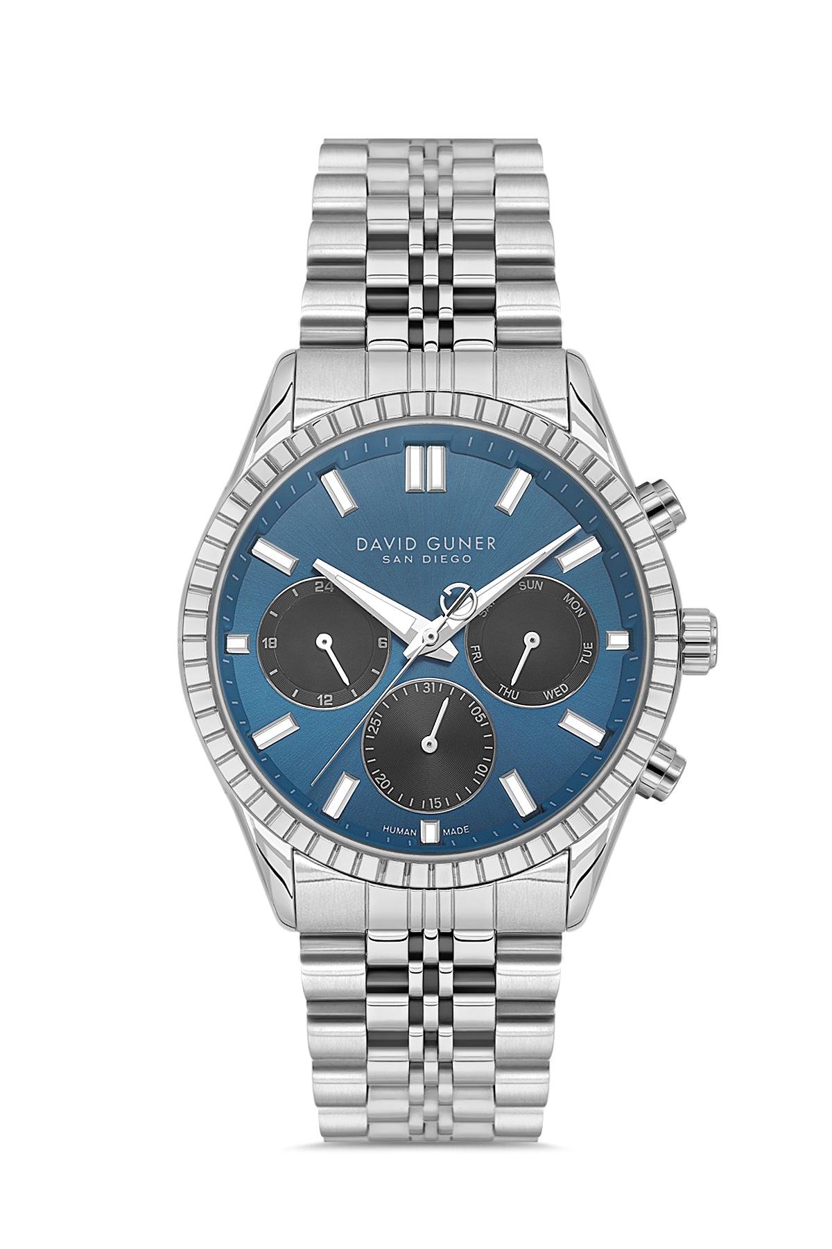 David Guner 9128GA-A16 men's watch with blue dial, silver-tone case and stainless steel bracelet – front view