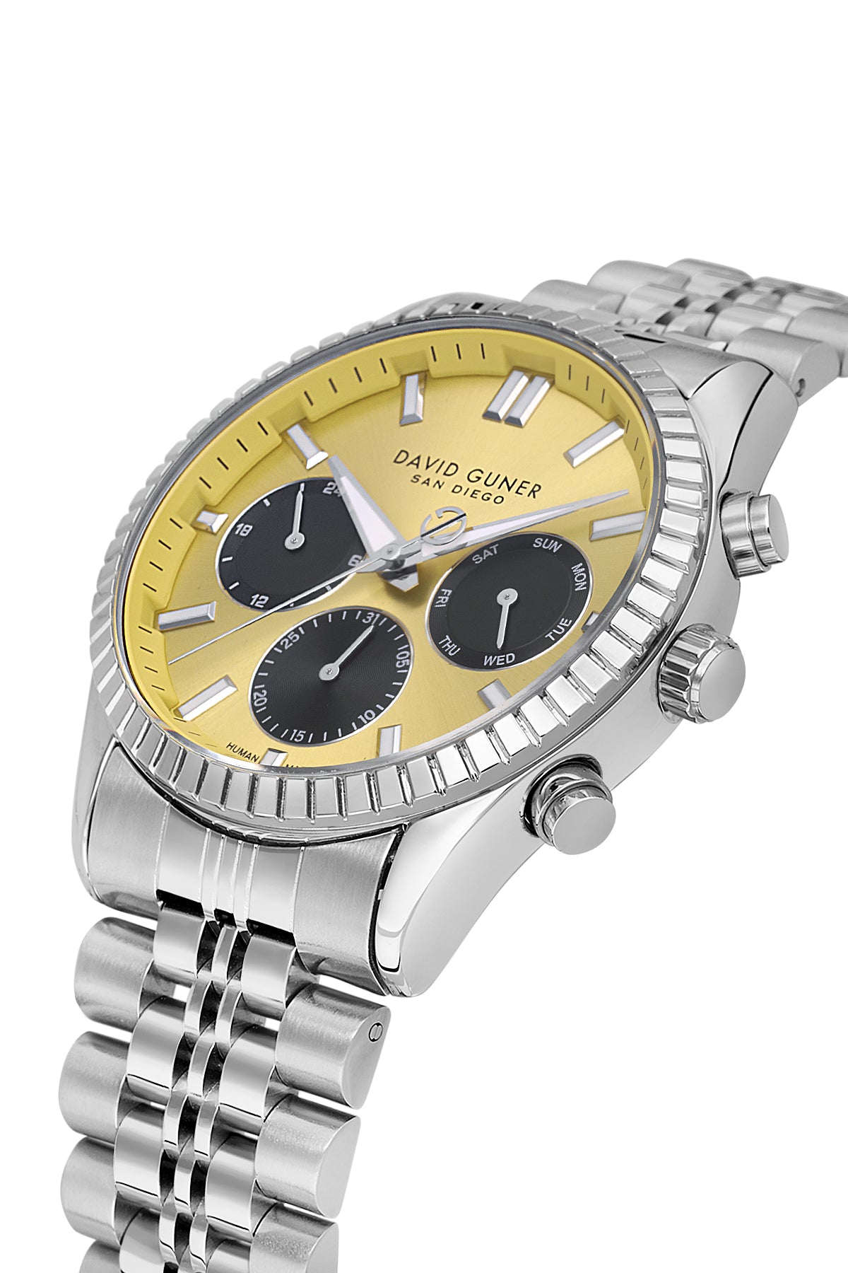 David Guner 9128GA-A20 men's watch with yellow dial, silver-tone case and stainless steel bracelet – angled view