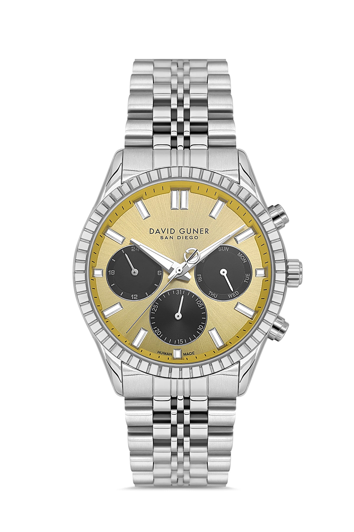 David Guner 9128GA-A20 men's watch with yellow dial, silver-tone case and stainless steel bracelet – front view