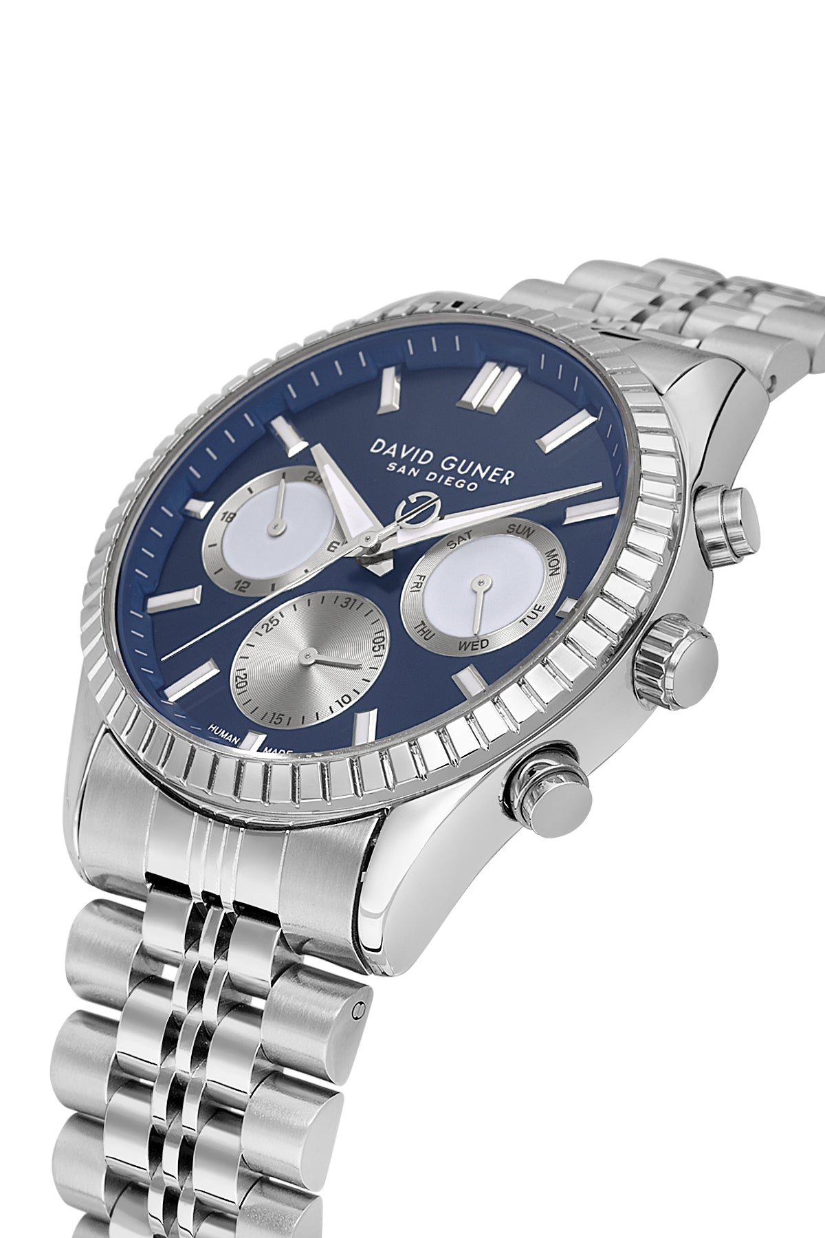 David Guner 9128GA-A3 men's watch with blue dial, silver-tone case and stainless steel bracelet – angled view