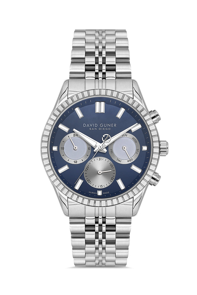 David Guner 9128GA-A3 men's watch with blue dial, silver-tone case and stainless steel bracelet – front view