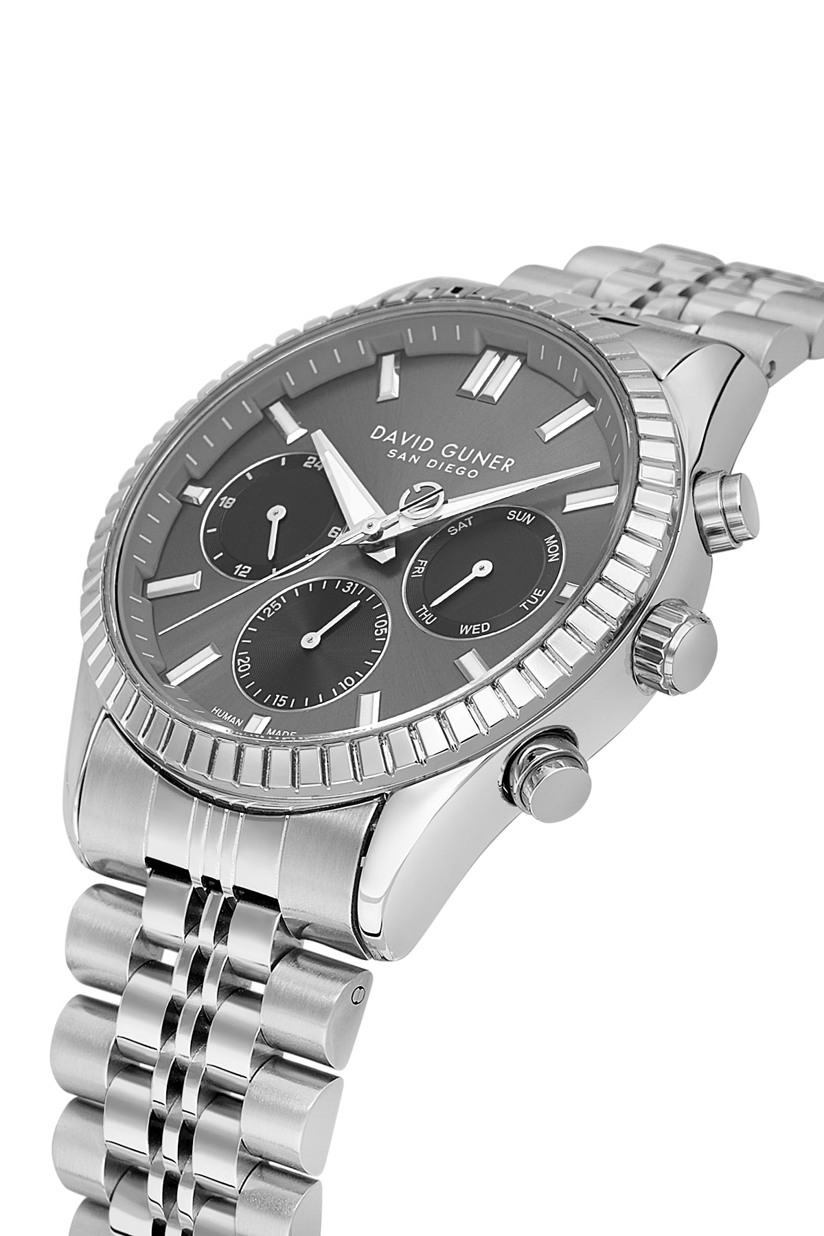 David Guner 9128GA-A9 men's watch with gray dial, silver-tone case and stainless steel bracelet – angled view
