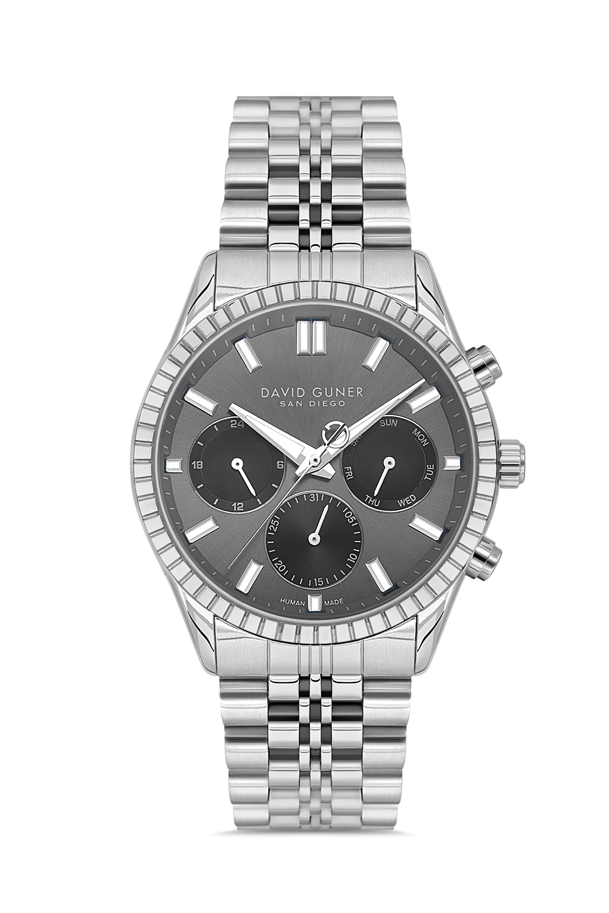 David Guner 9128GA-A9 men's watch with gray dial, silver-tone case and stainless steel bracelet – front view