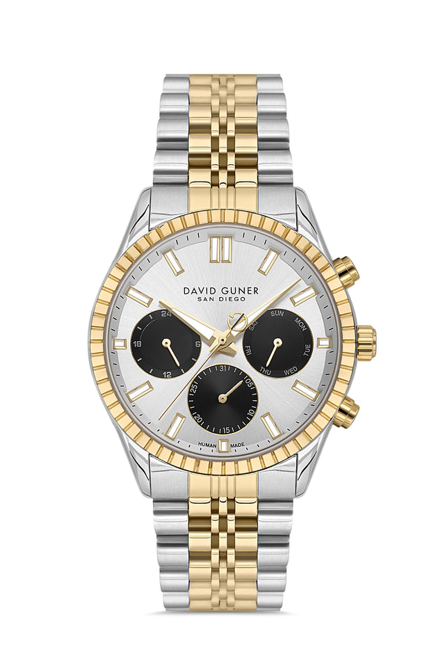 David Guner 9128GA-D2 men's watch with silver dial, two-tone case and stainless steel bracelet – front view