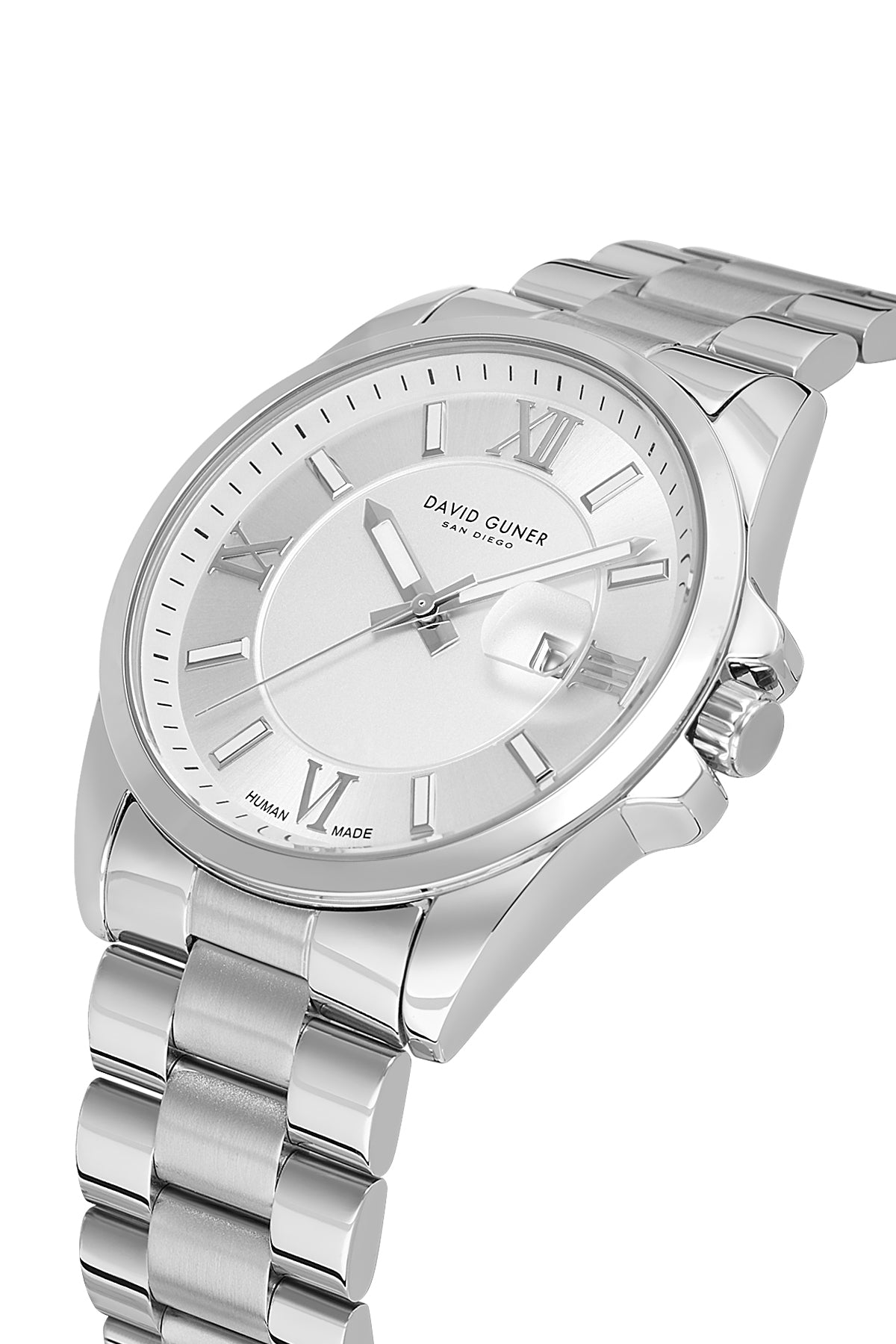 David Guner 9157GA-A1 men's watch with silver dial, silver-tone case and stainless steel bracelet – angled view