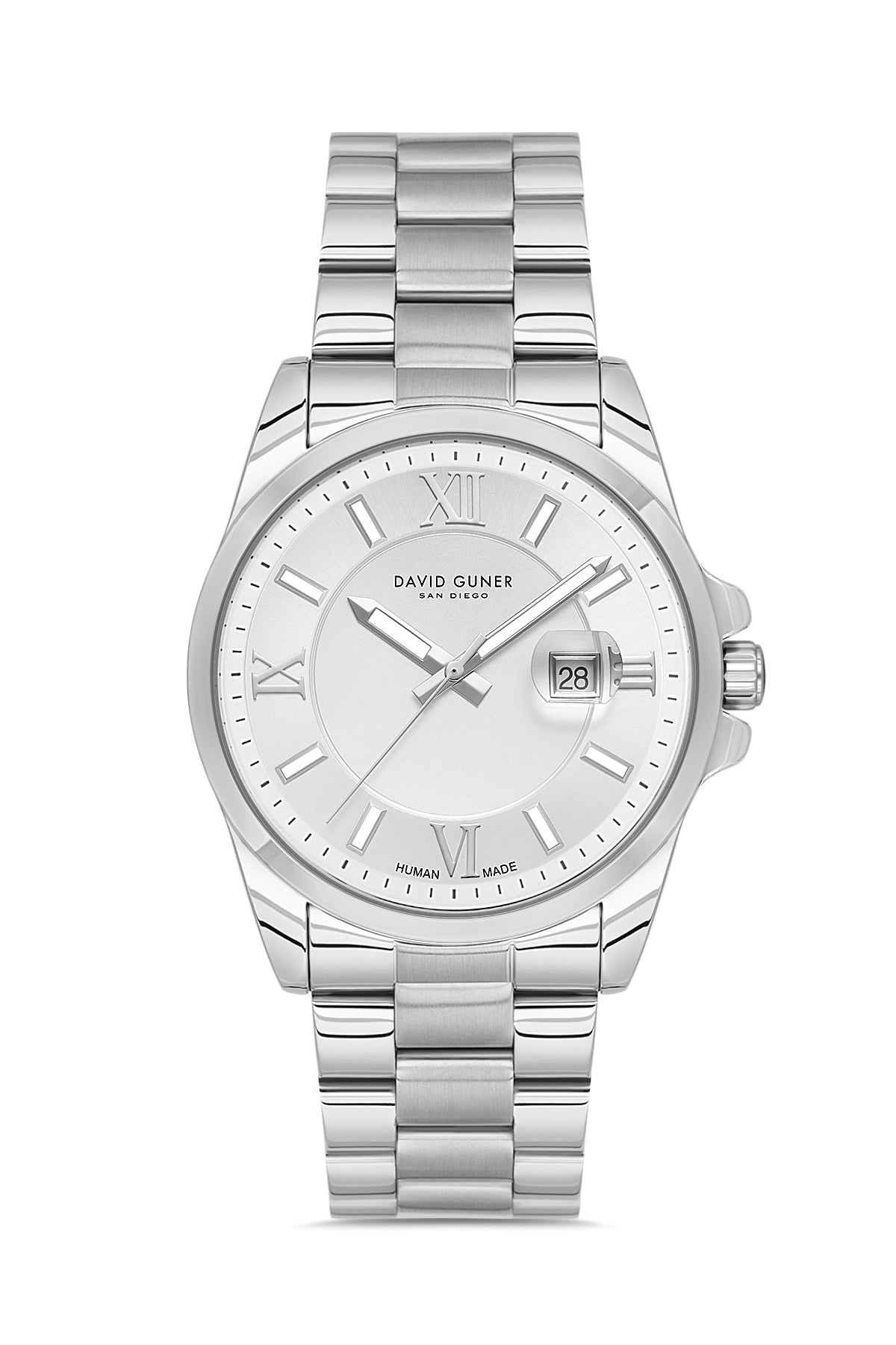 David Guner 9157GA-A1 men's watch with silver dial, silver-tone case and stainless steel bracelet – front view