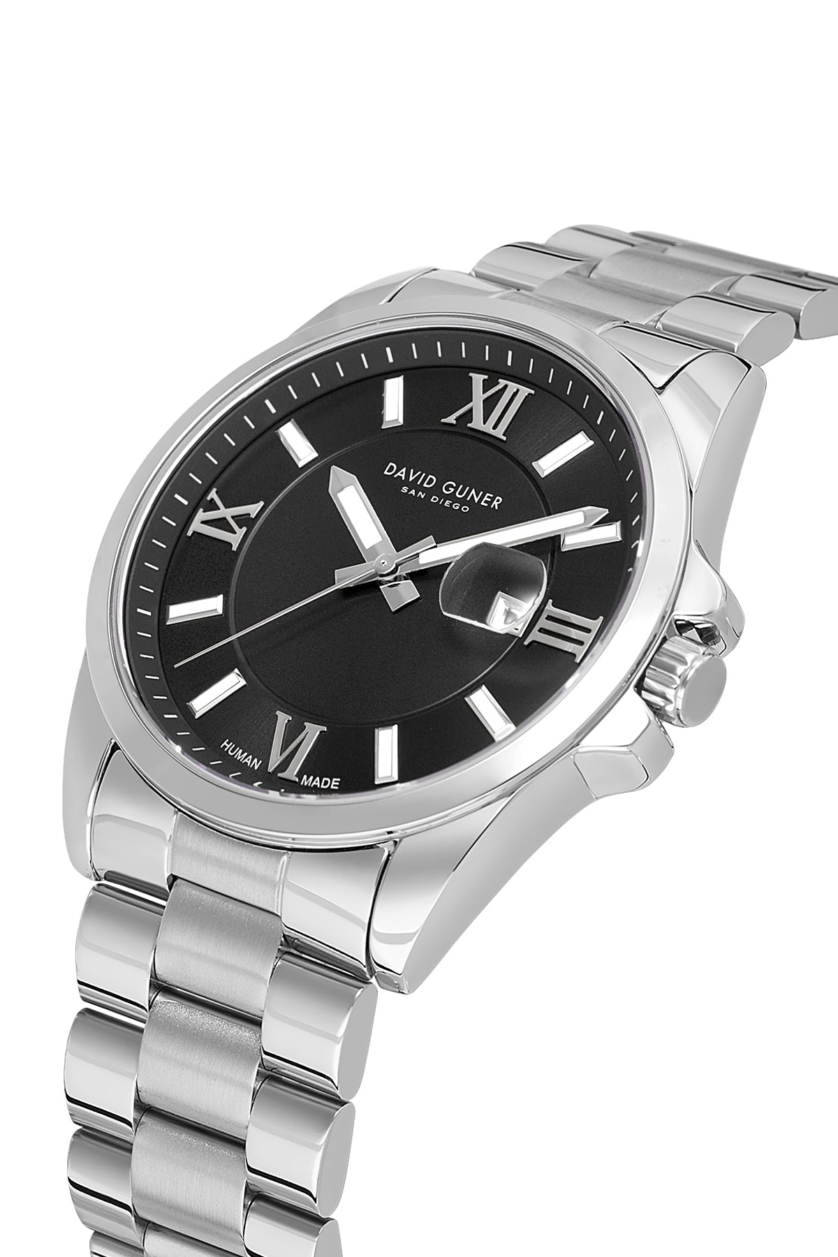 David Guner 9157GA-A2 men's watch with black dial, silver-tone case and stainless steel bracelet – angled view