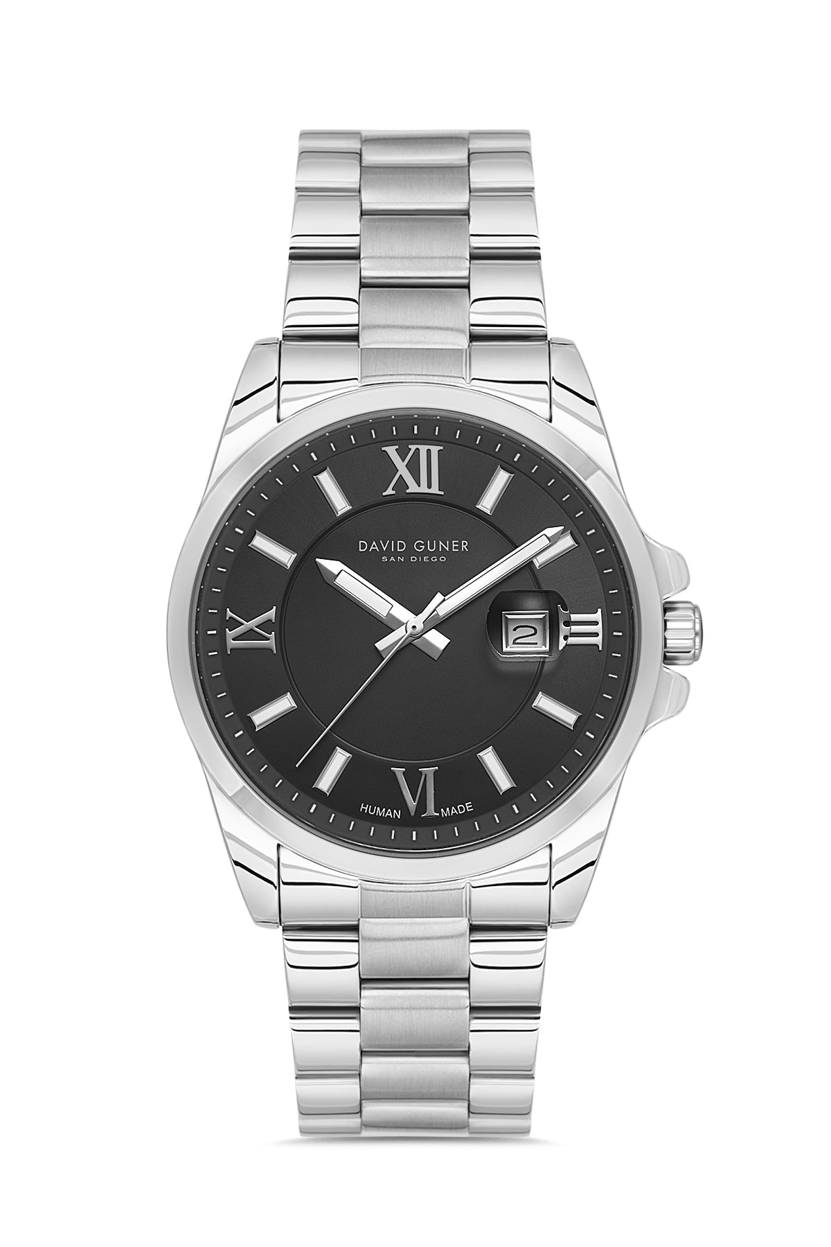 David Guner 9157GA-A2 men's watch with black dial, silver-tone case and stainless steel bracelet – front view