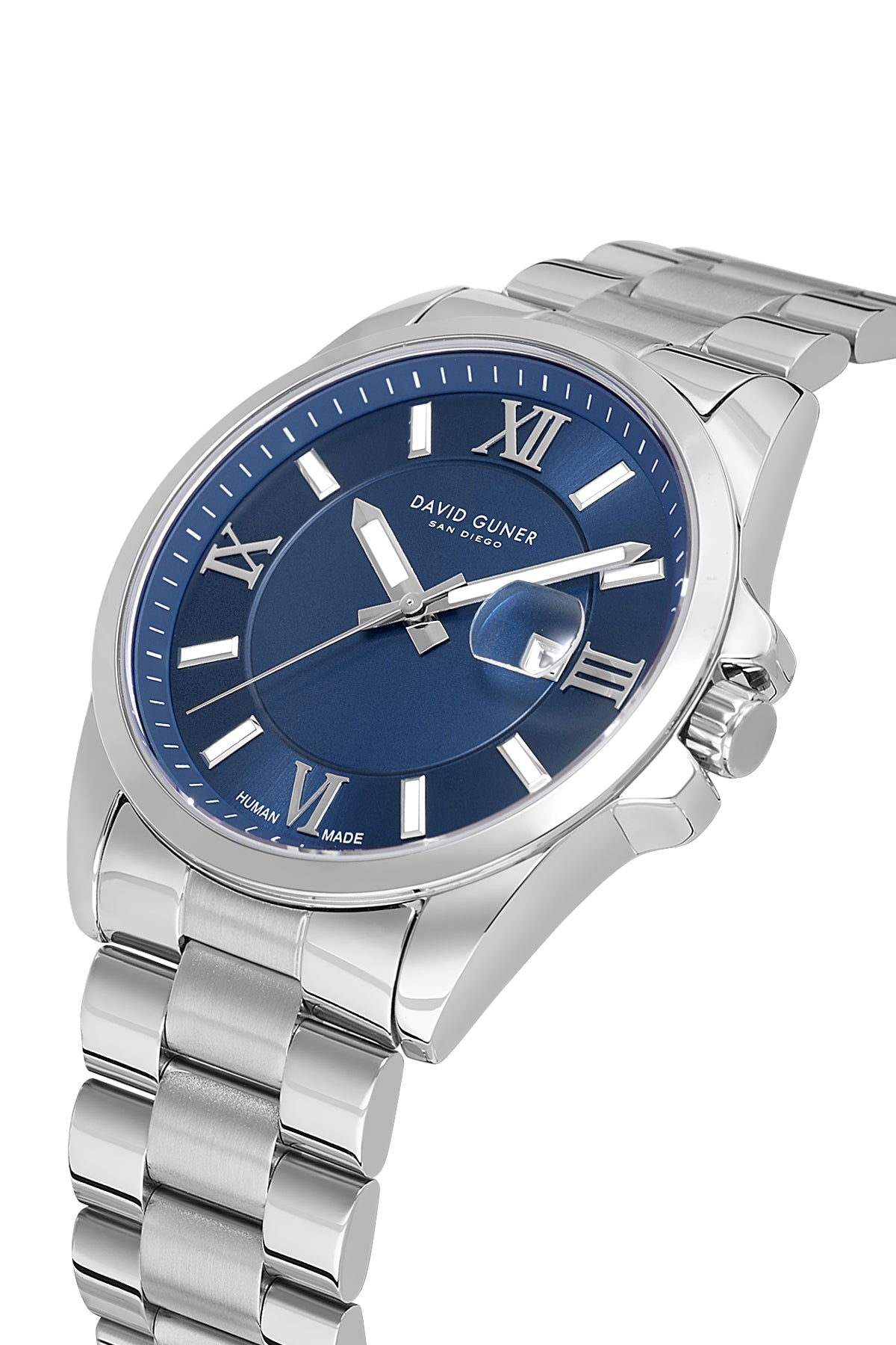 David Guner 9157GA-A3 men's watch with blue dial, silver-tone case and stainless steel bracelet – angled view