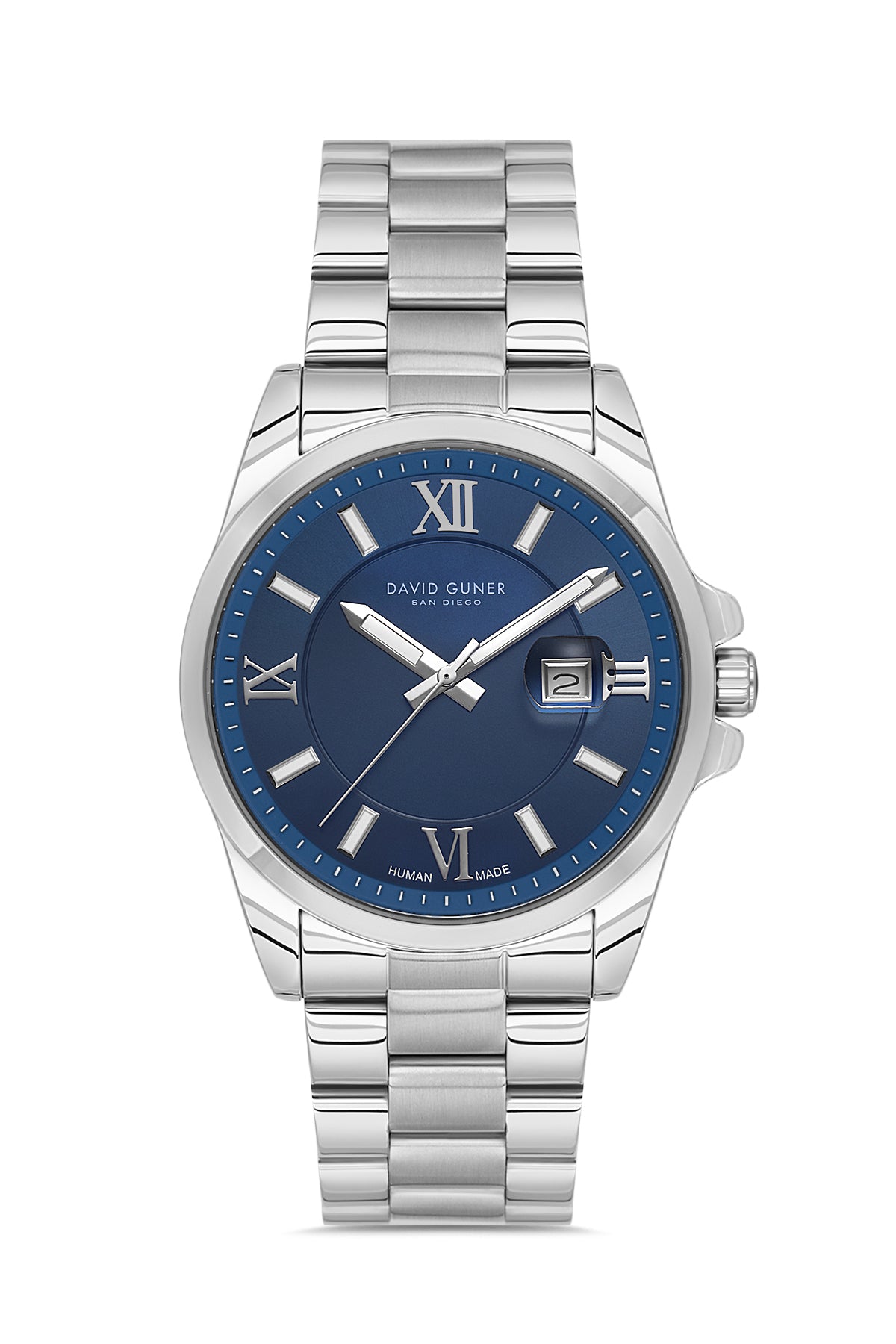 David Guner 9157GA-A3 men's watch with blue dial, silver-tone case and stainless steel bracelet – front view