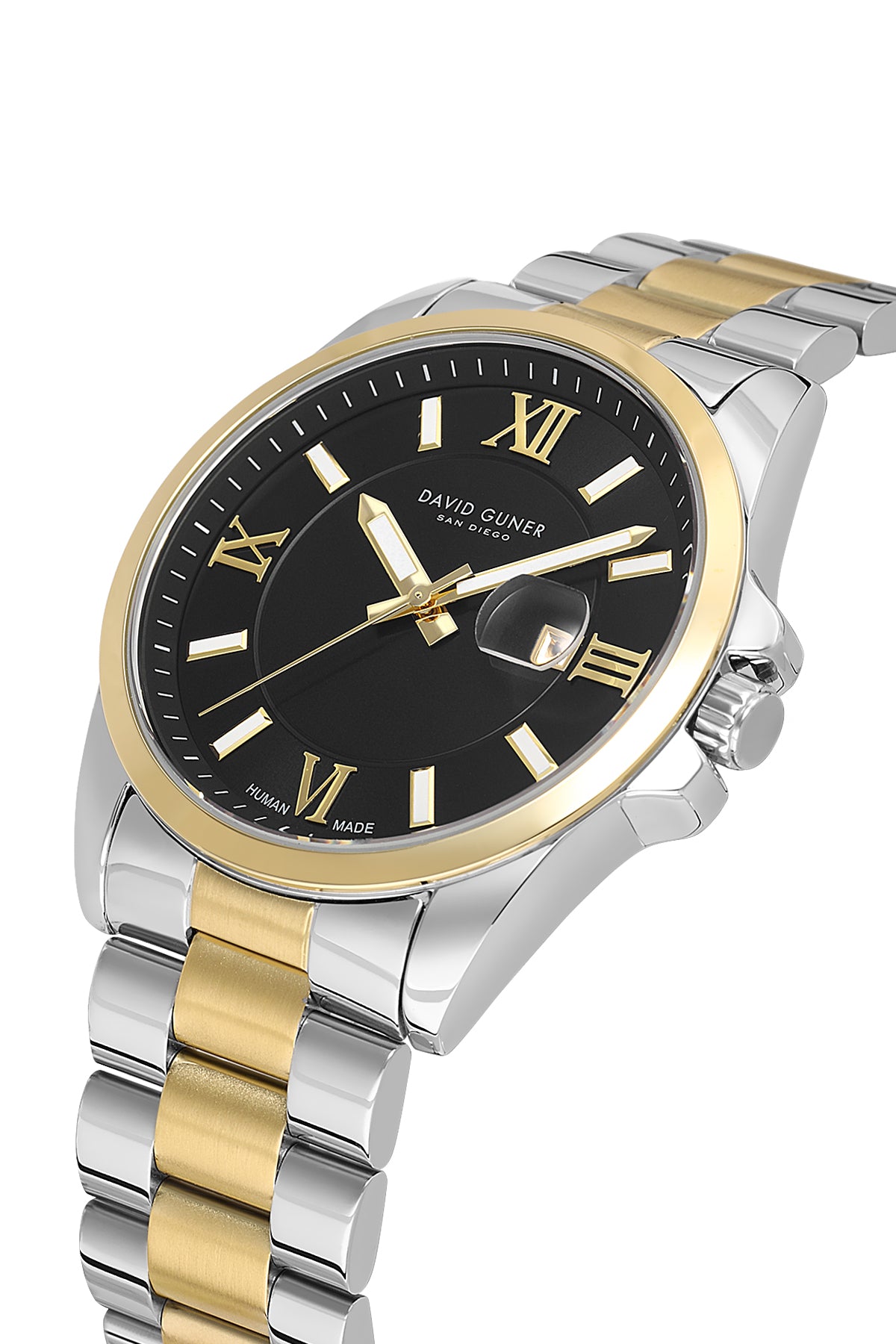 David Guner 9157GA-D2 men's watch with black dial, two-tone case and stainless steel bracelet – angled view