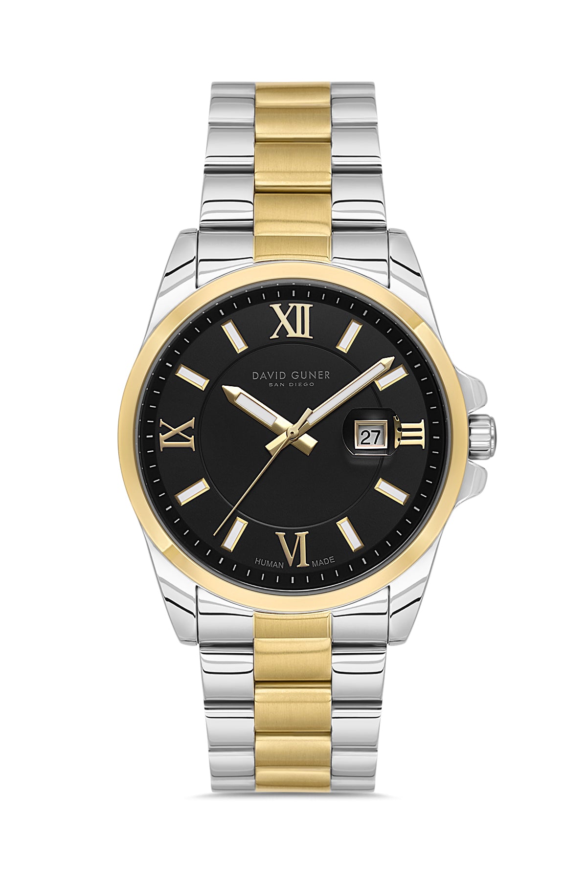 David Guner 9157GA-D2 men's watch with black dial, two-tone case and stainless steel bracelet – front view