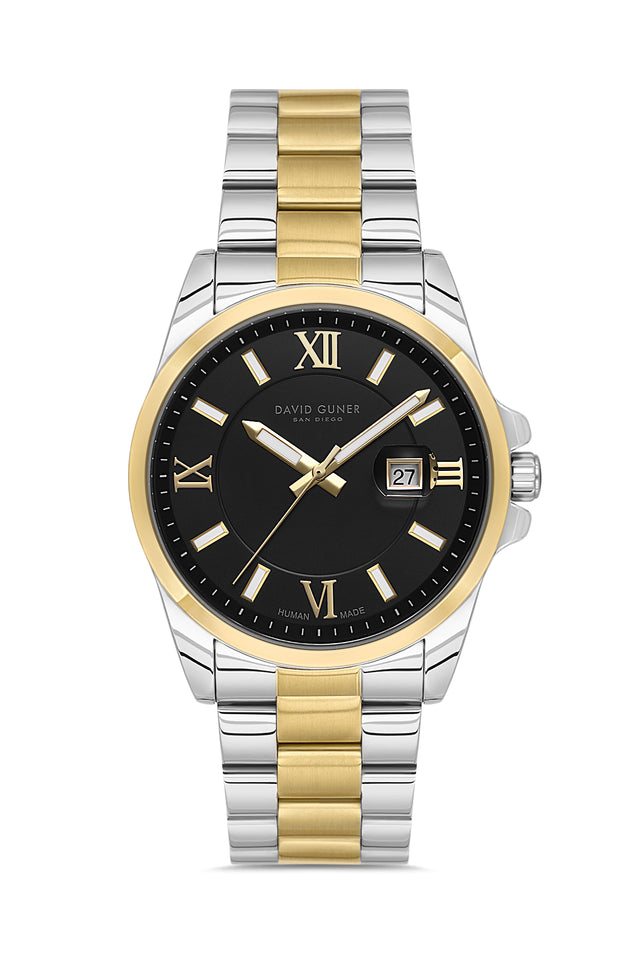 David Guner 9157GA-D2 men's watch with black dial, two-tone case and stainless steel bracelet – front view