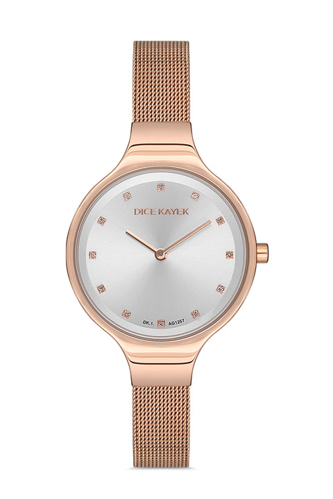 Dice Kayek AG1257.02 women's watch with silver dial, rose gold-tone case and stainless steel mesh bracelet – front view
