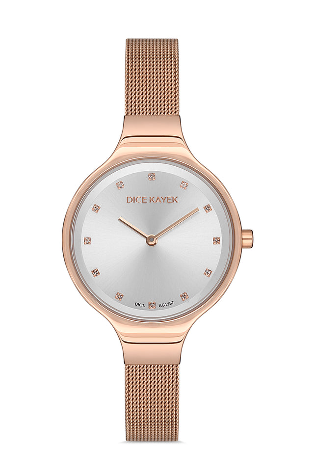 Dice Kayek AG1257.02 women's watch with silver dial, rose gold-tone case and stainless steel mesh bracelet – front view