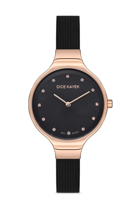 Dice Kayek AG1257.04 women's watch with black dial, rose gold-tone case and black stainless steel mesh bracelet – front view