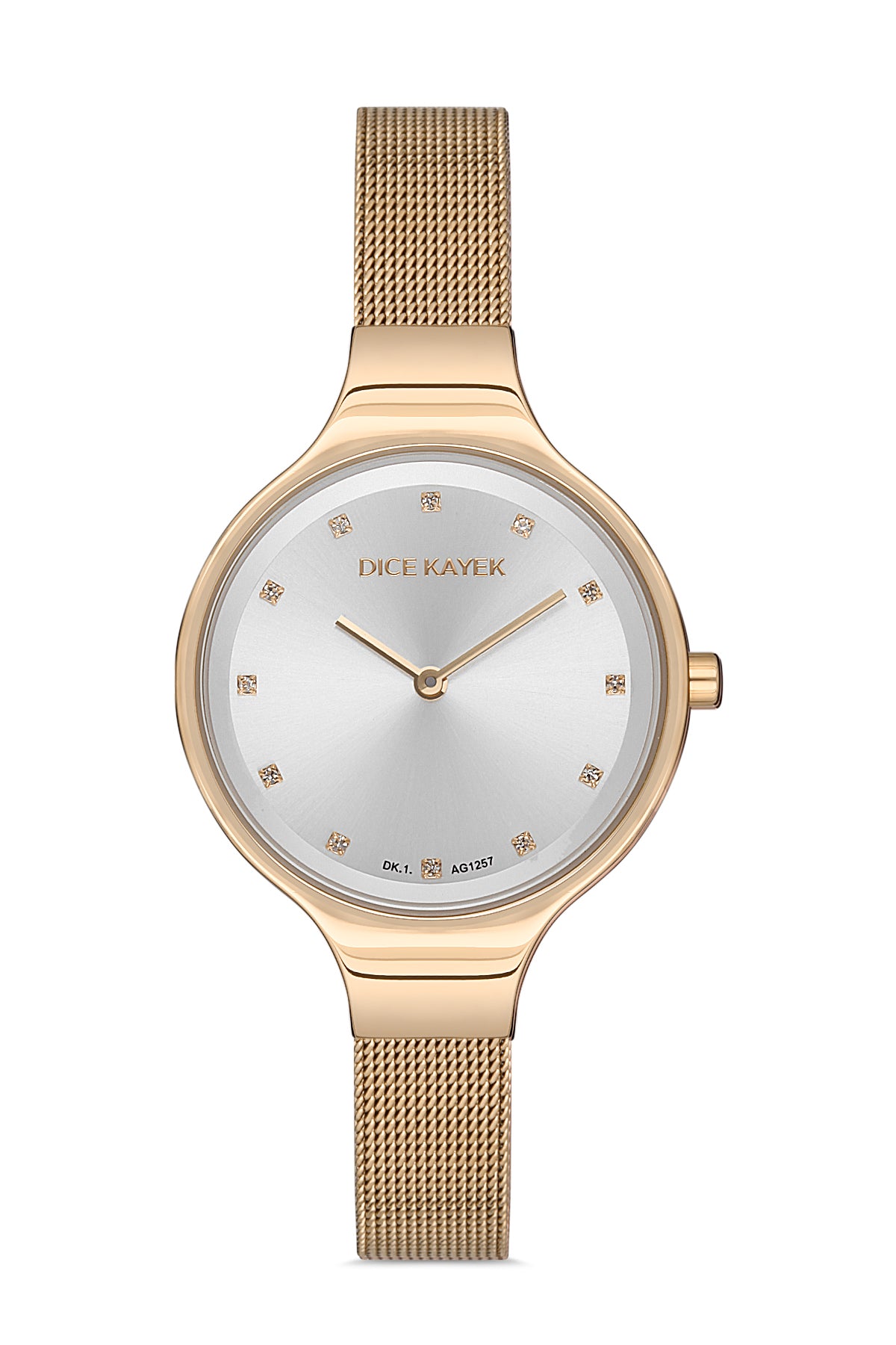 Dice Kayek AG1257.05 women's watch with silver dial, gold-tone case and stainless steel mesh bracelet – front view